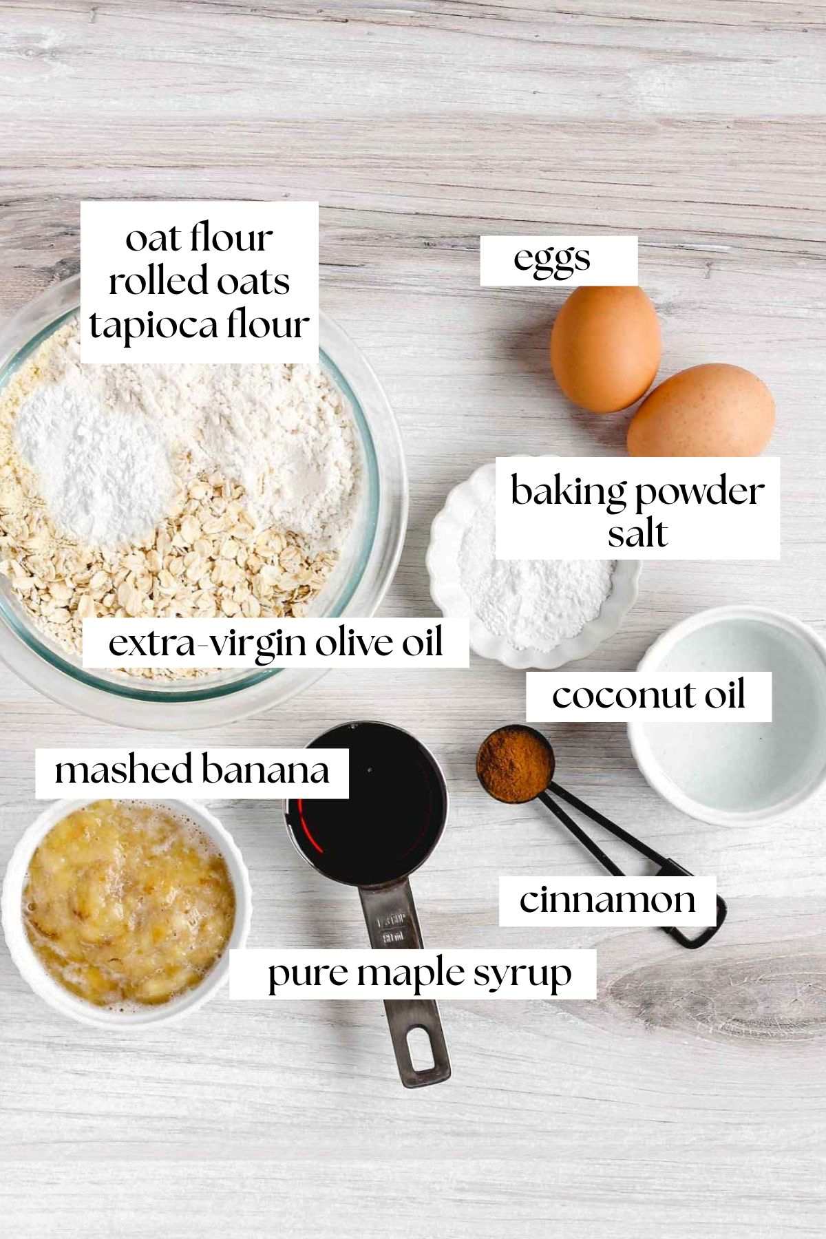 Labeled ingredients for gluten-free banana oat muffins.