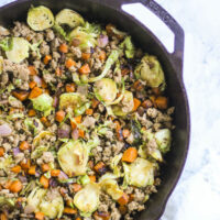 overhead view of sausage skillet in cast iron skillet