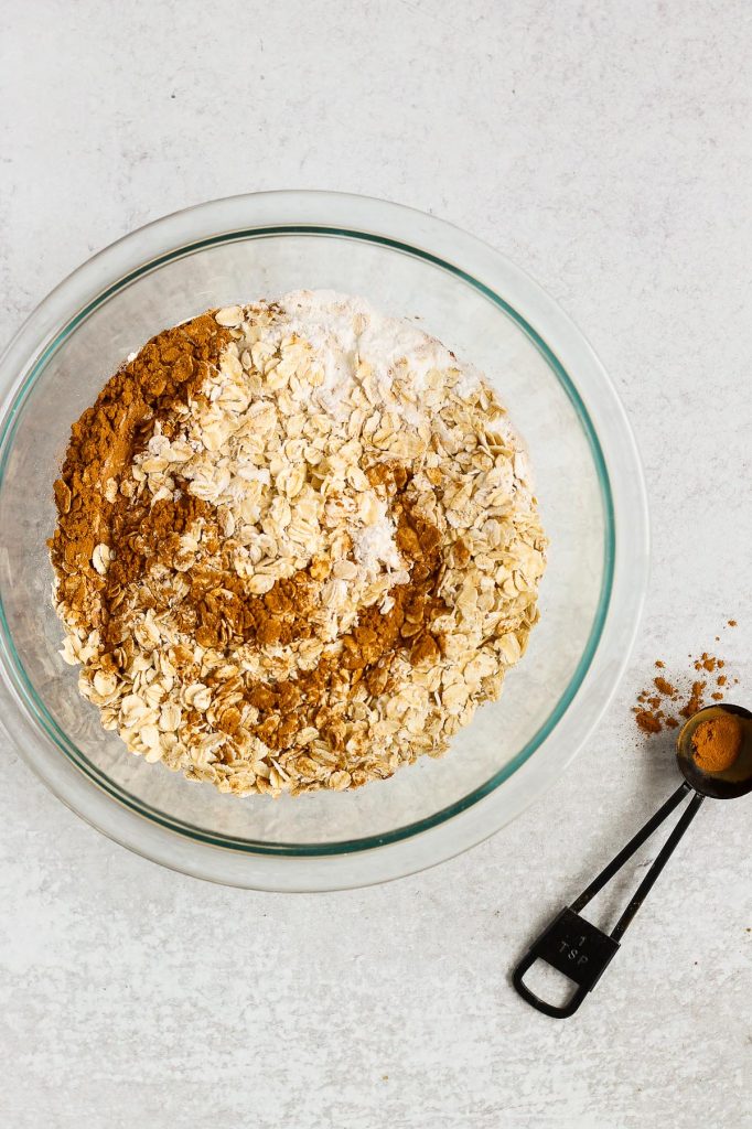 overhead view of oats and spices in mixing bowl