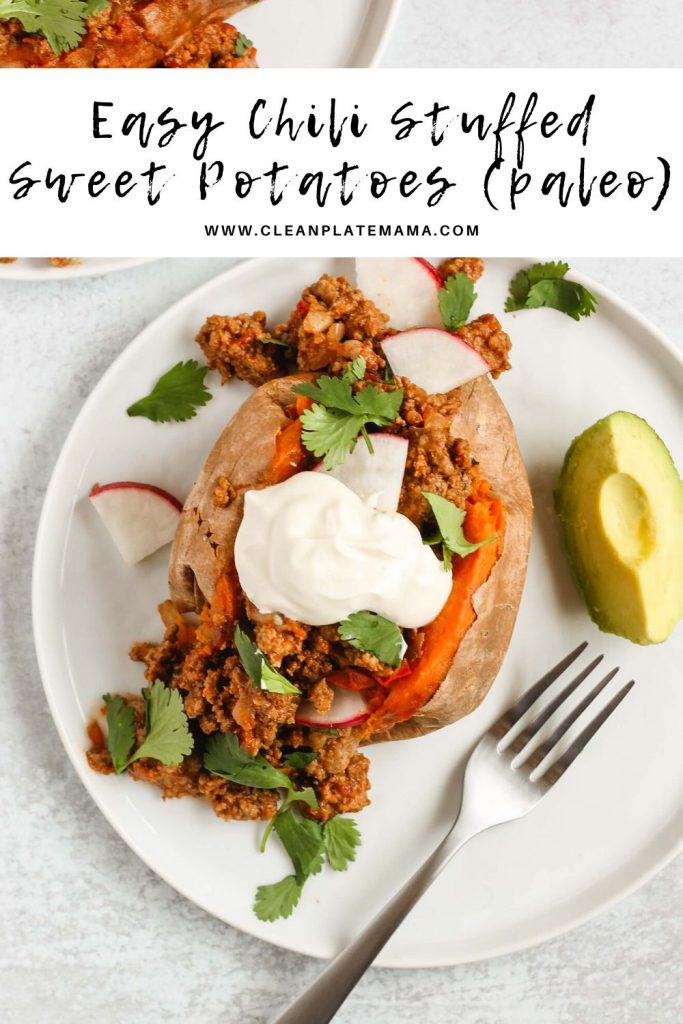 pinterest pin for chili stuffed sweet potatoes