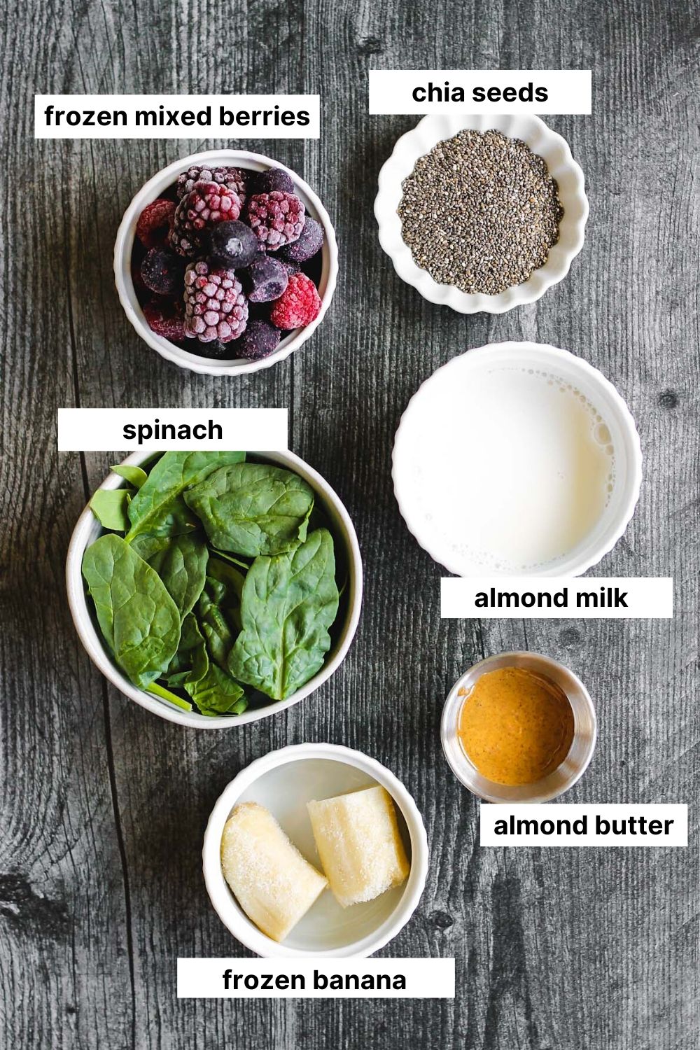 labeled ingredients used in this smoothie (frozen berries, chia seeds, spinach, almond milk, almond butter, frozen banana)