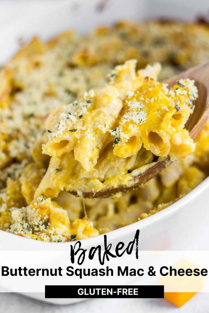Pinterest pin for baked butternut squash macaroni and cheese
