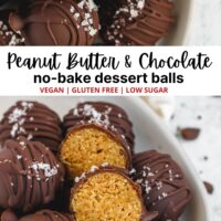 pinterest pin with two separate photos of peanut butter and chocolate balls