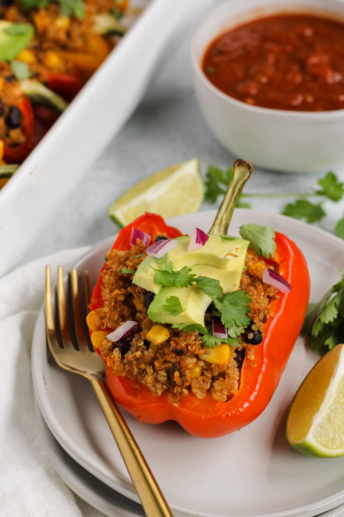 single stuffed bell pepper topped with avocado, cilantro, and onion