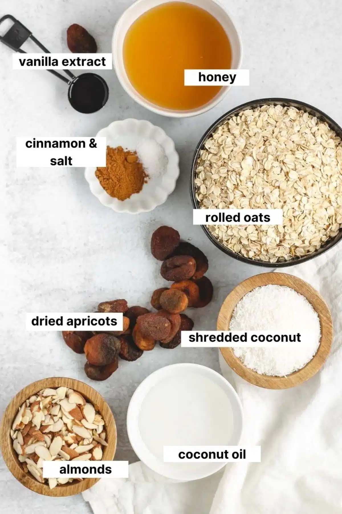 Labeled ingredients for oats and honey granola.