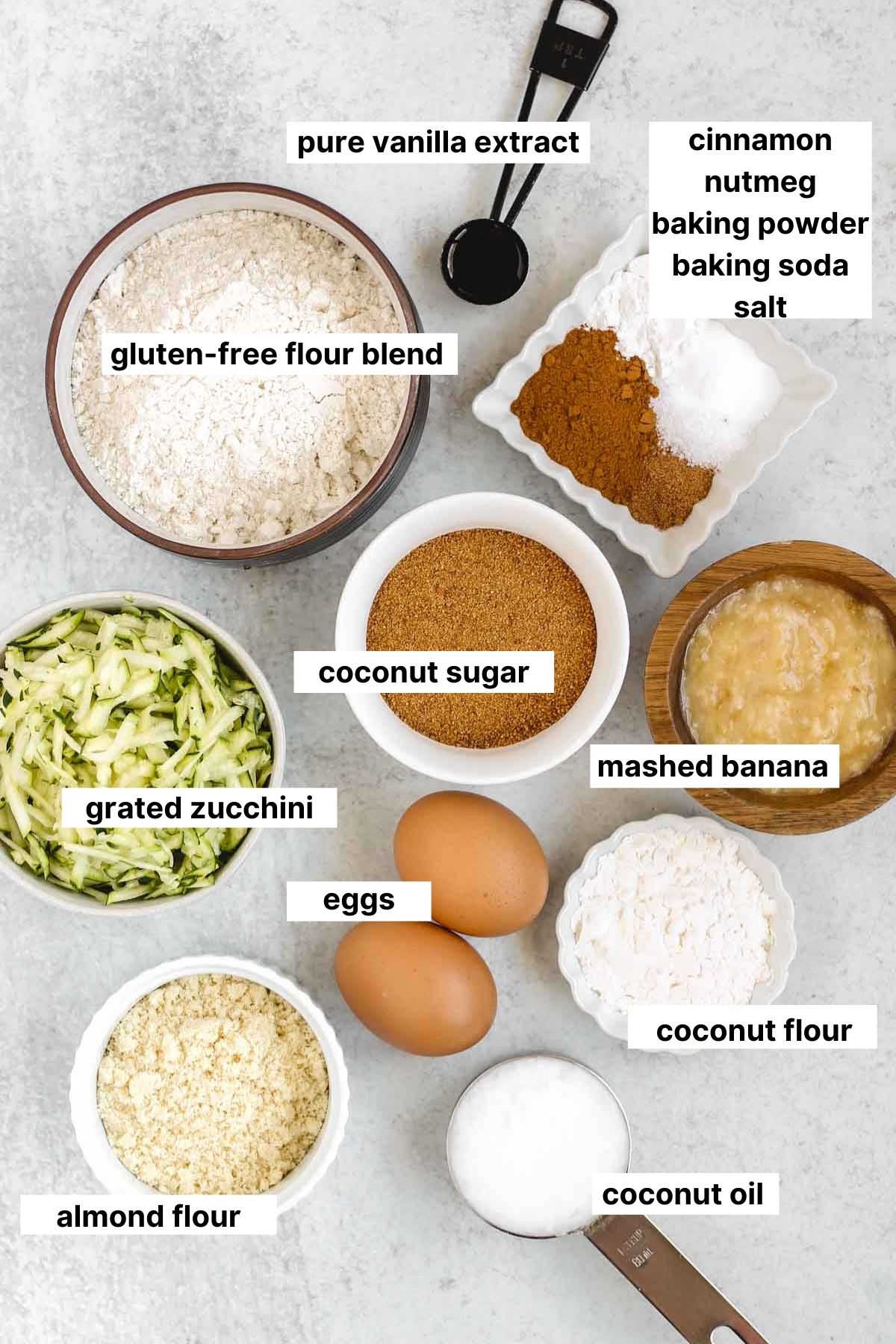 labeled ingredients for gluten-free zucchini bread
