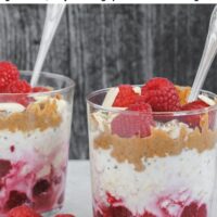 a spoon dipped in a glass filled with overnight oats and raspberries with text overlay for Pinterest
