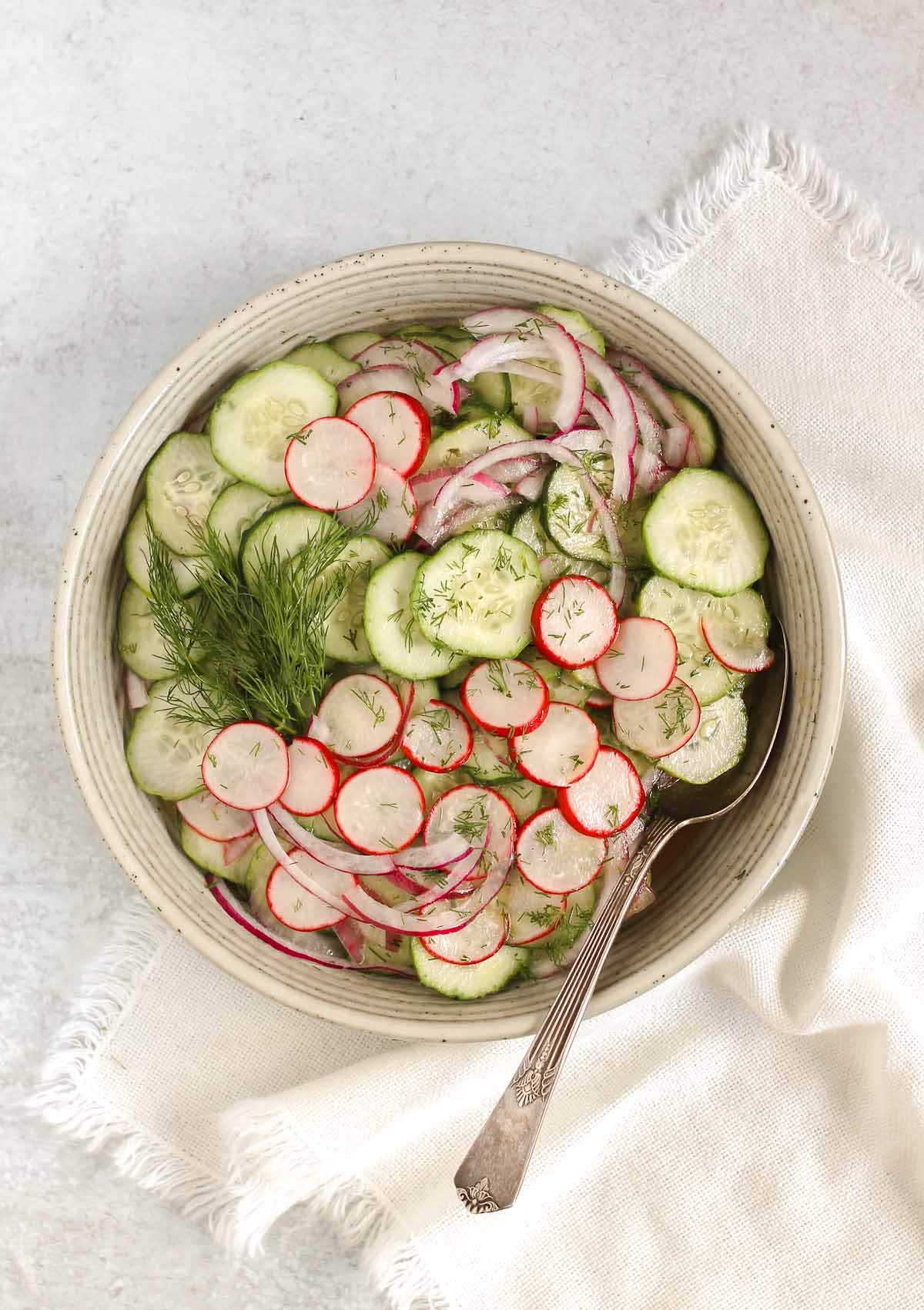 Cucumber radish salad in a serving bowl with red onion and a vintage serving spoon, and sprigs of fresh dill.