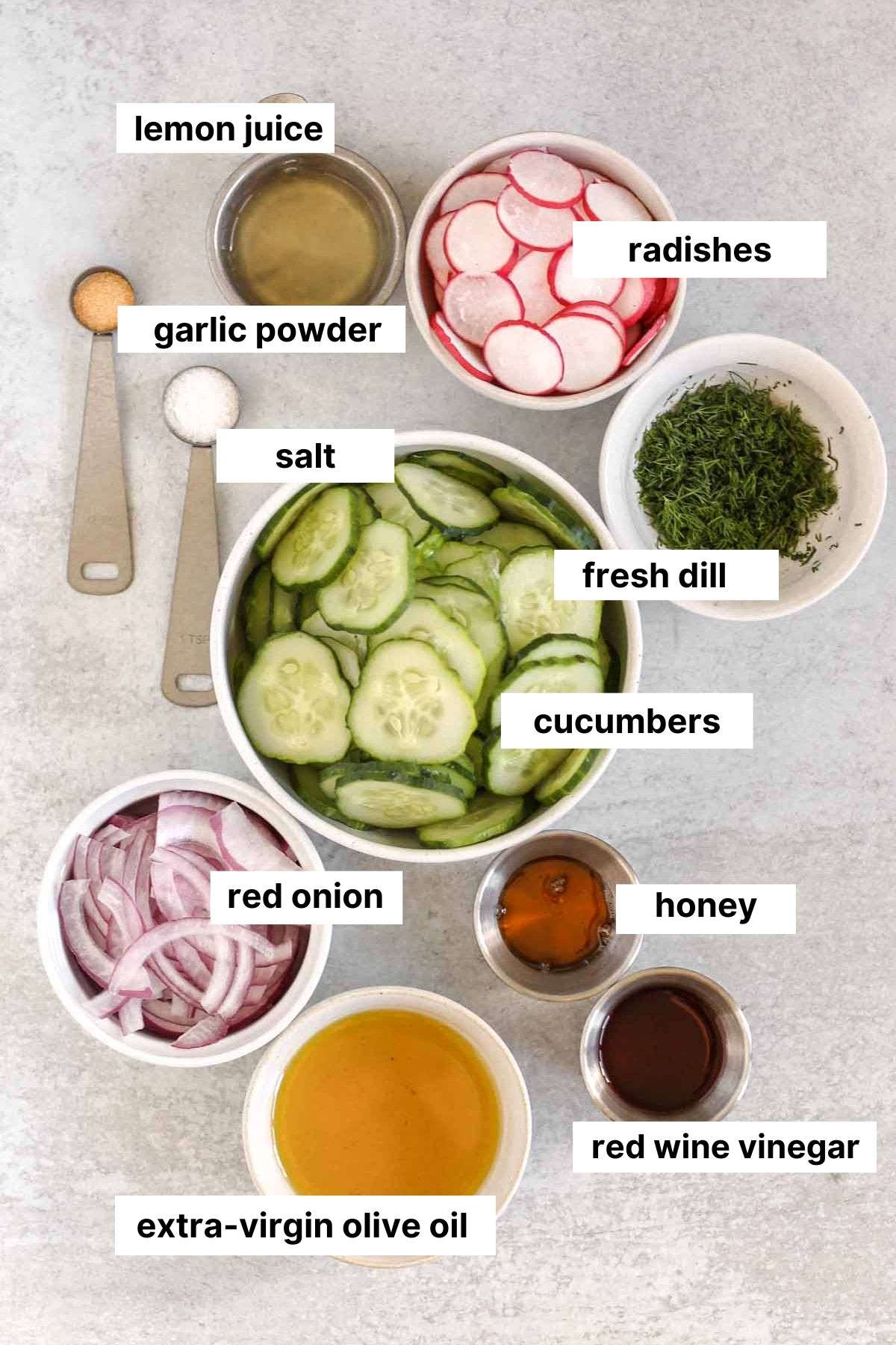 Labeled ingredients for cucumber, radish, and dill salad.
