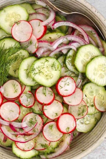 Cucumber radish salad in a serving bowl with red onion and sprigs of fresh dill.