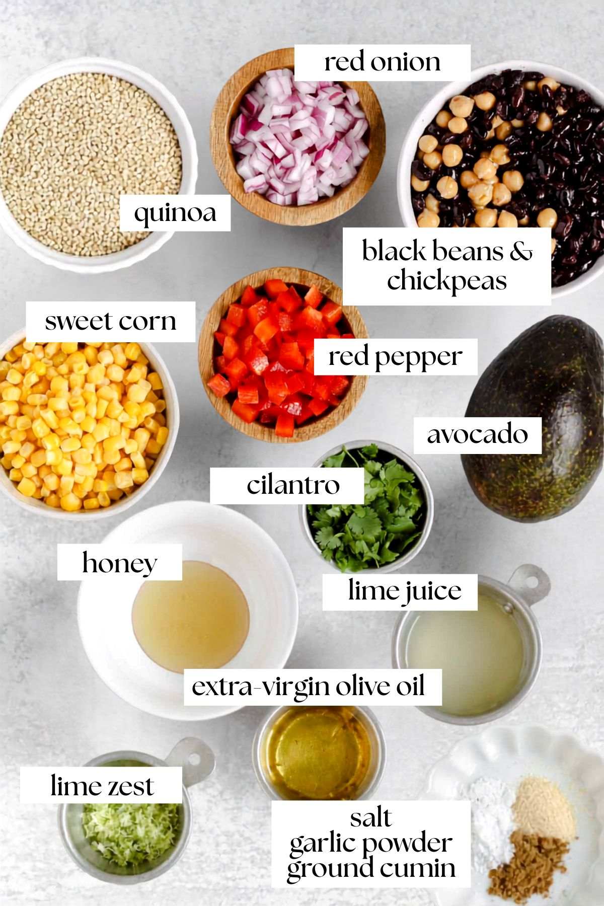 Labeled ingredients for southwest quinoa salad.