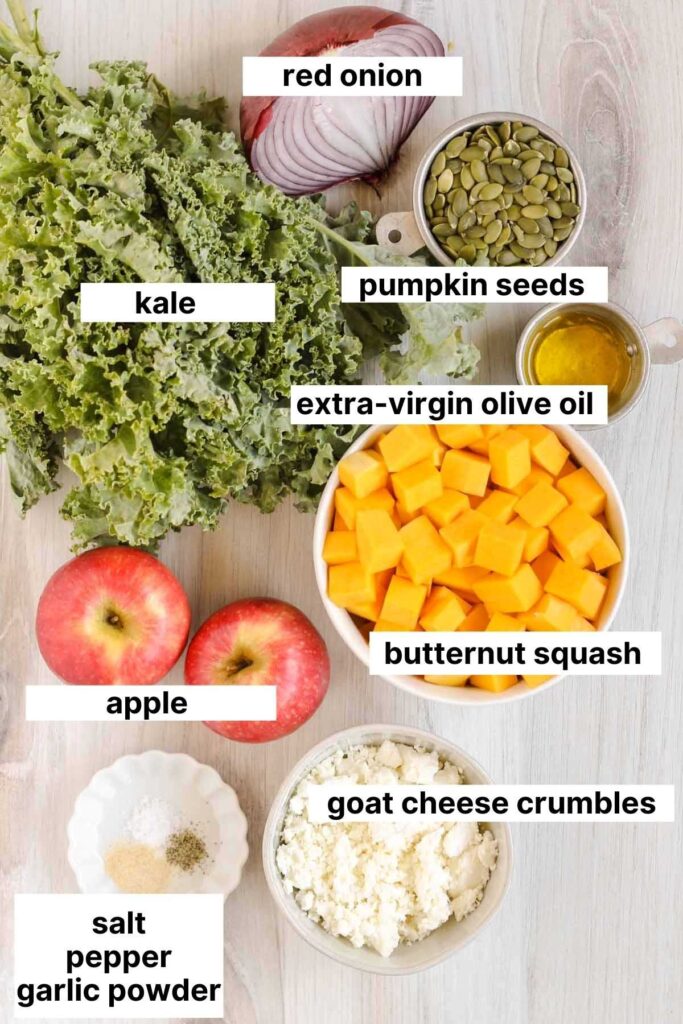 Labeled ingredients for butternut squash kale and goat cheese salad.