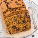 Sliced pumpkin chocolate chip bread.