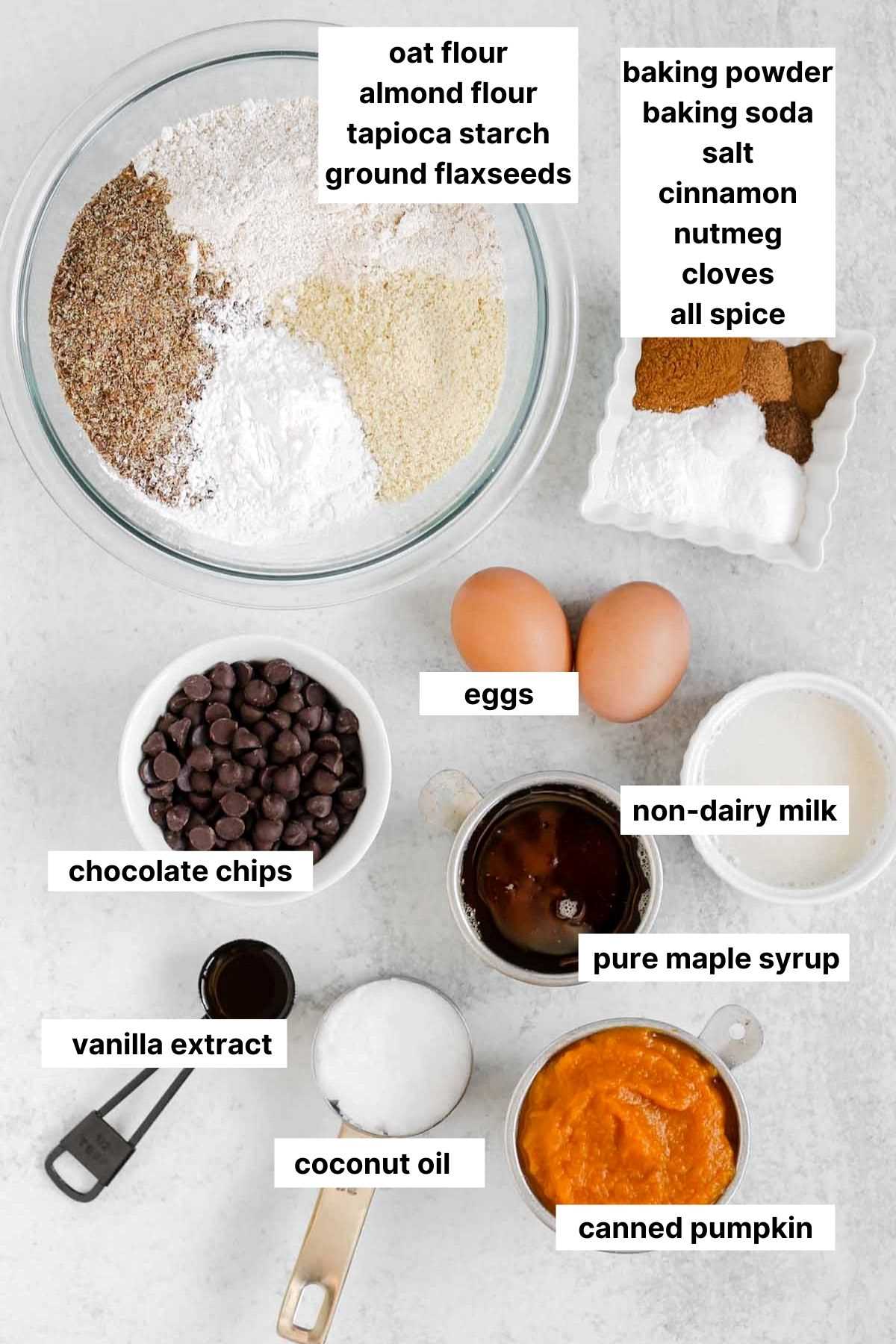 Labeled ingredients for gluten-free pumpkin chocolate chip bread.