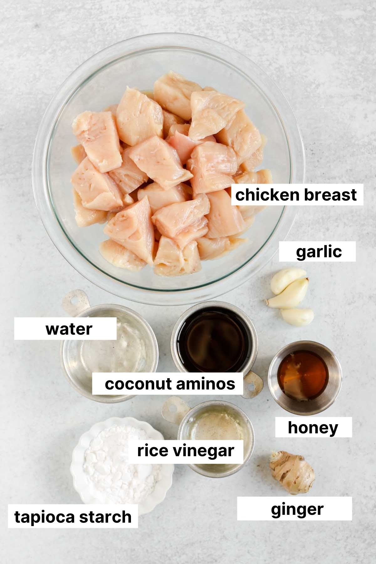 Labeled ingredients used for teriyaki chicken.