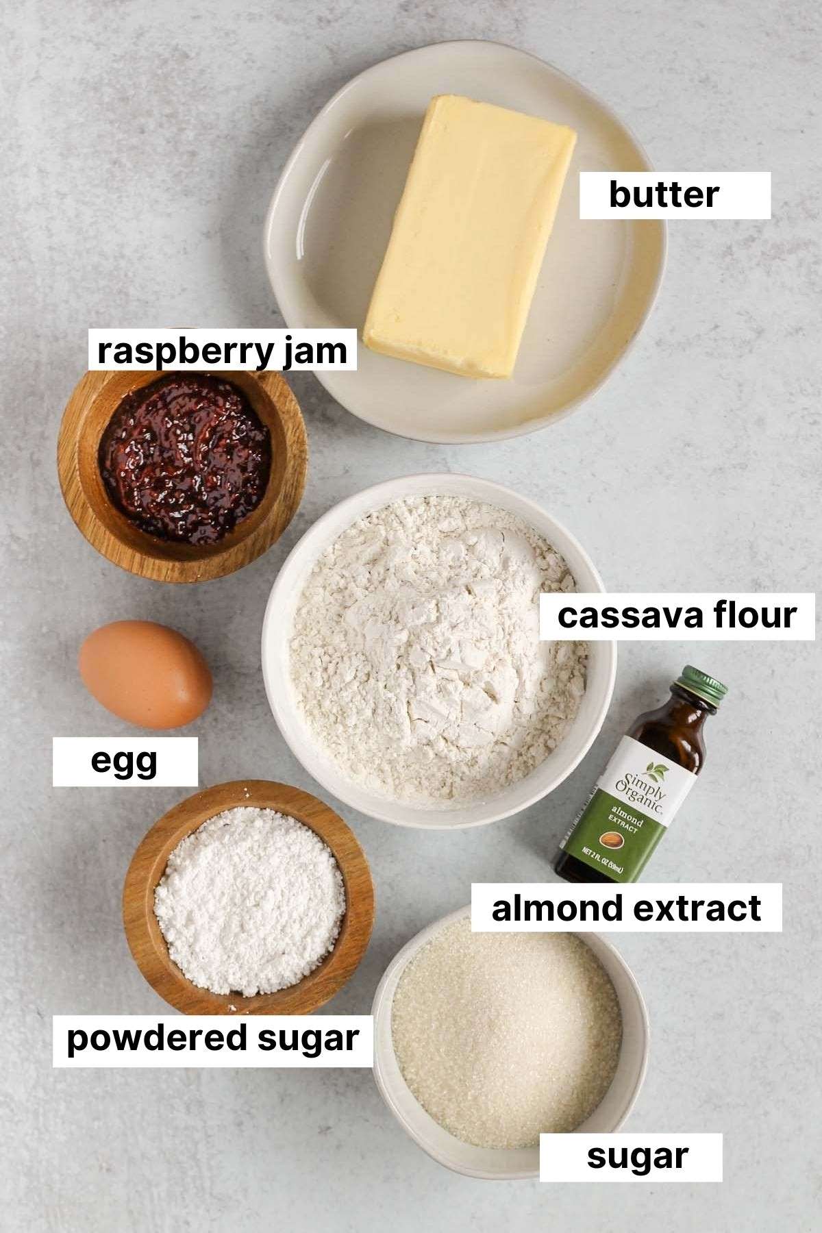 Labeled ingredients used in gluten-free thumbprint cookies.