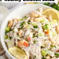 Chicken salad in a bowl with text overlay "dairy-free healthy chicken salad."