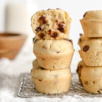 Pinterest pin with stacked mini chocolate chip muffins.