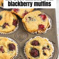 Blackberry muffins in a vintage muffin tin with text overlay "best almond flour blackberry muffins."
