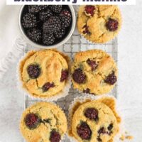 Blackberry muffins on a cooling rack with text overlay "almond flour blackberry muffins."