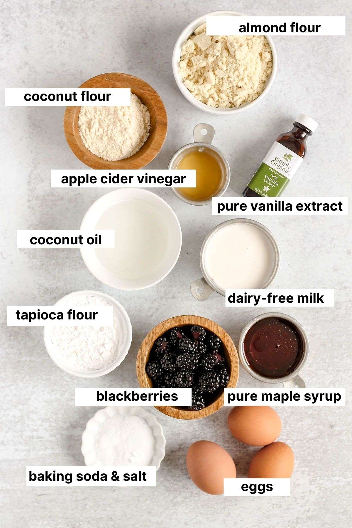 Labeled ingredients for almond flour blackberry muffins.