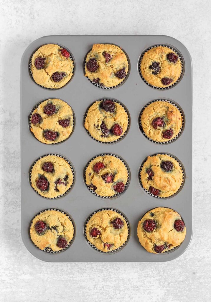 Baked blackberry muffins in a 12-cup muffin pan.