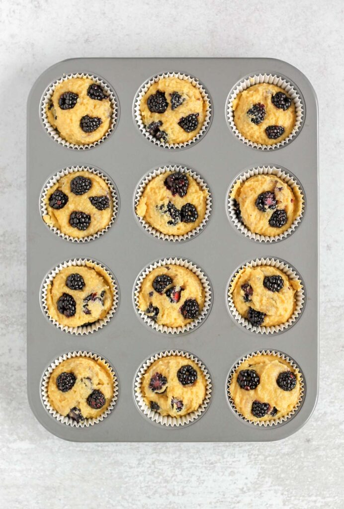 Blackberry muffin batter in 12-cup muffin pan.