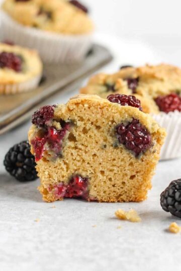 Blackberry muffin cut in half.