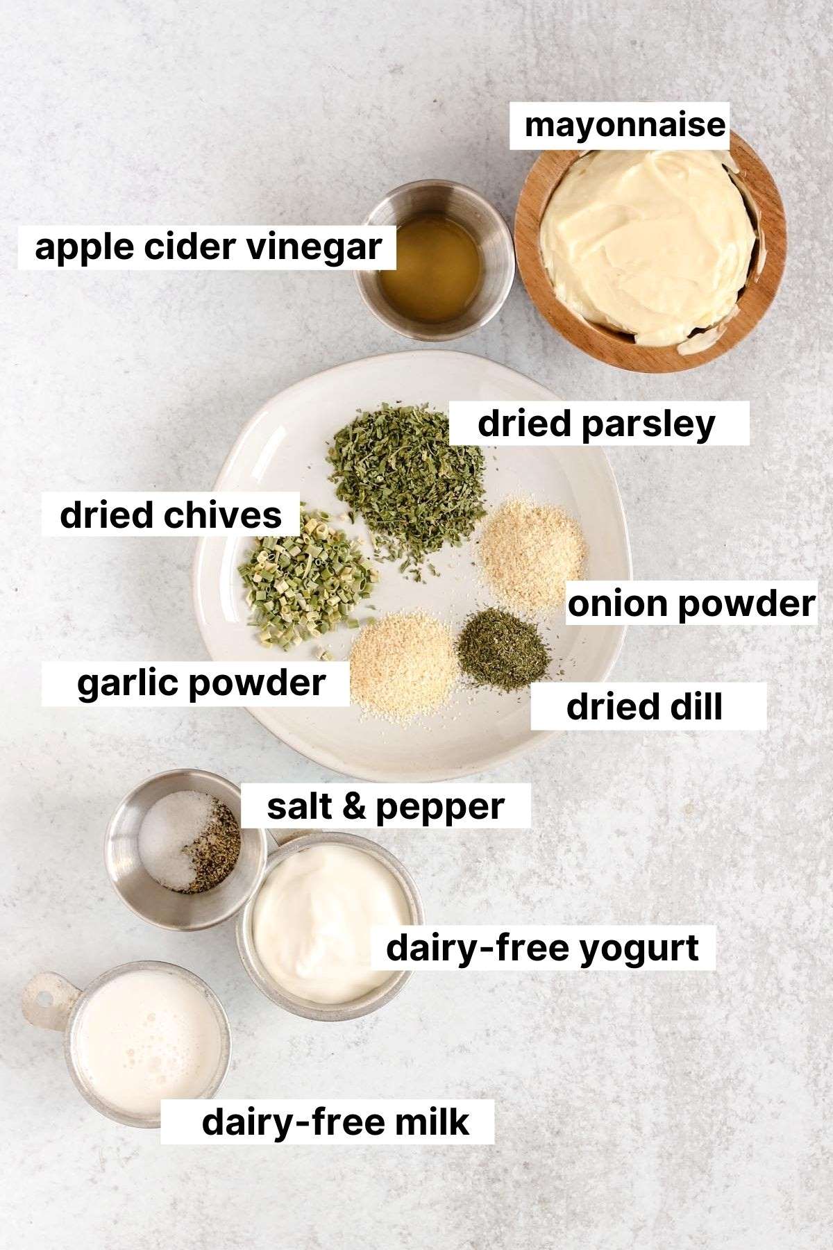 Labeled ingredients used to make dairy-free ranch dressing.