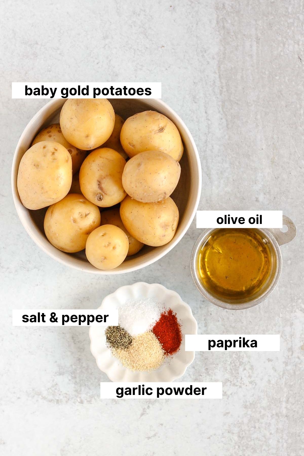 Labeled ingredients for smashed potatoes.