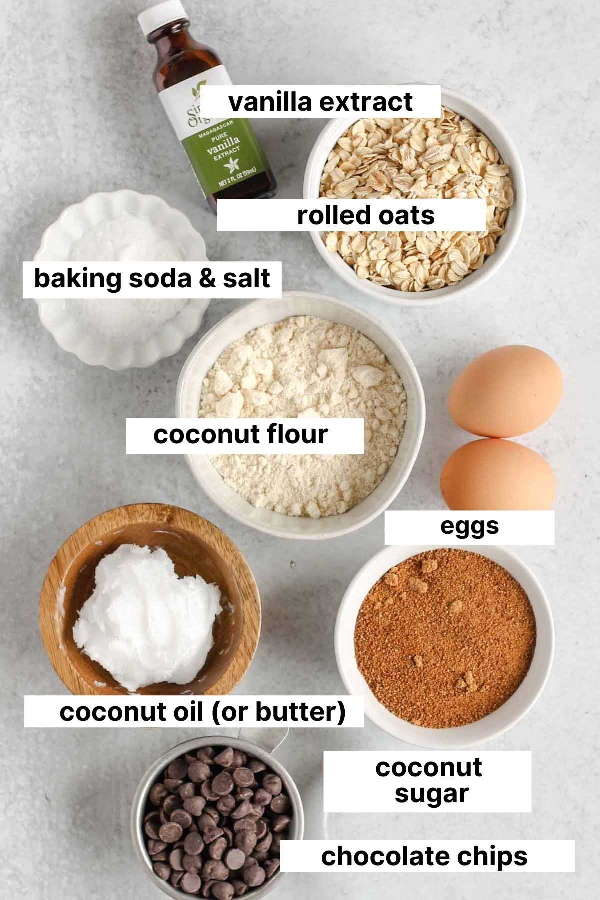 Labeled ingredients for oatmeal cookies with coconut flour.