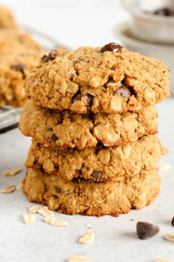 Stacked oatmeal cookies.