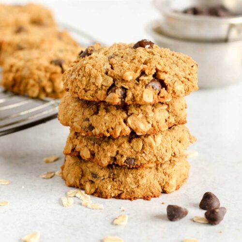 Stacked oatmeal cookies.