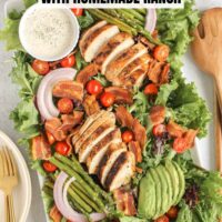 Chicken BLT salad on a serving tray with text overlay "best BLT chicken salad with homemade ranch."