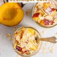 Peach overnight oats in mason jars with text overlay "peaches and cream overnight oats."