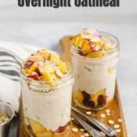Peach overnight oats with text overlay "peaches and cream overnights oatmeal."