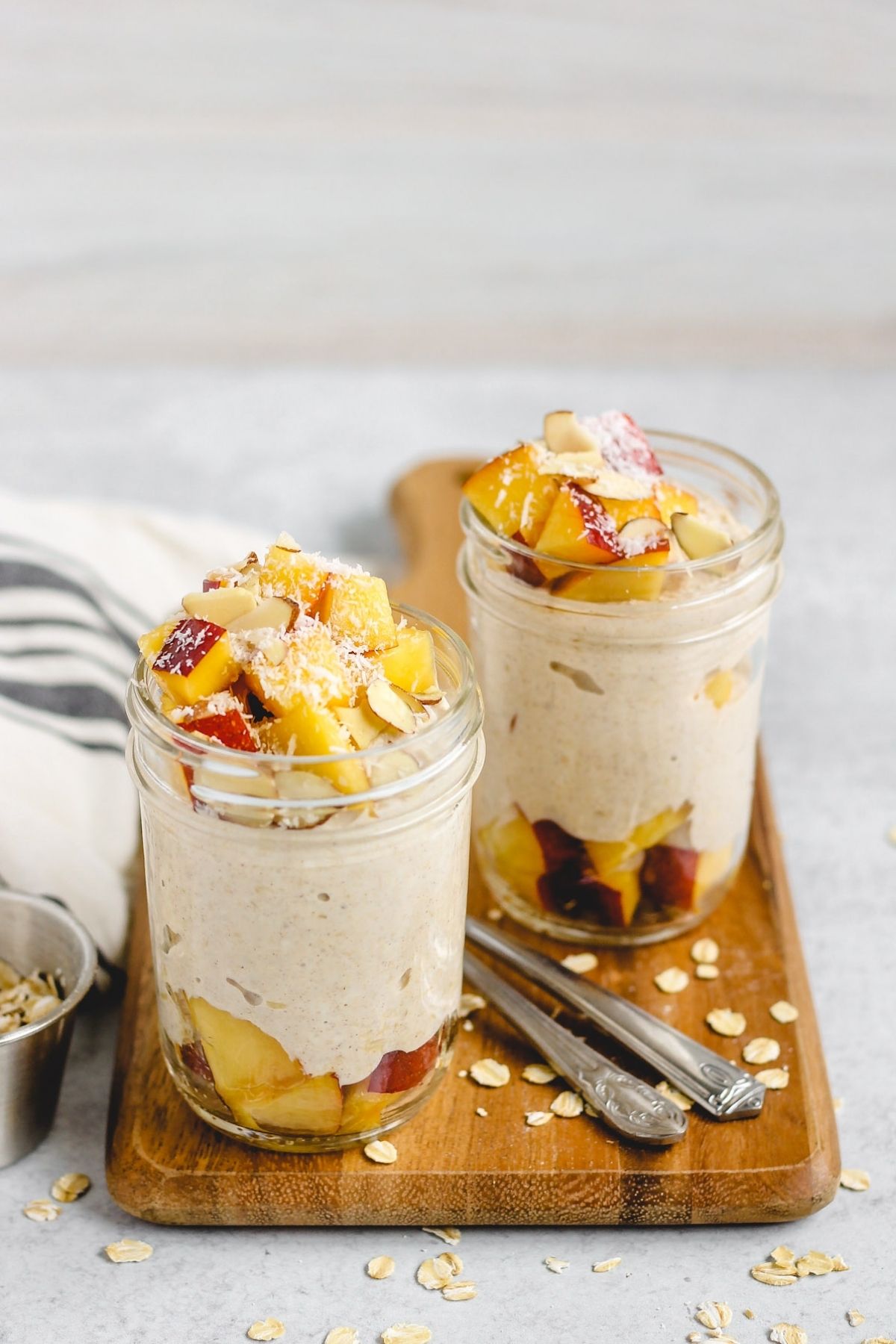 Nutty Peaches and Cream Overnight Oats in a Mason Jar