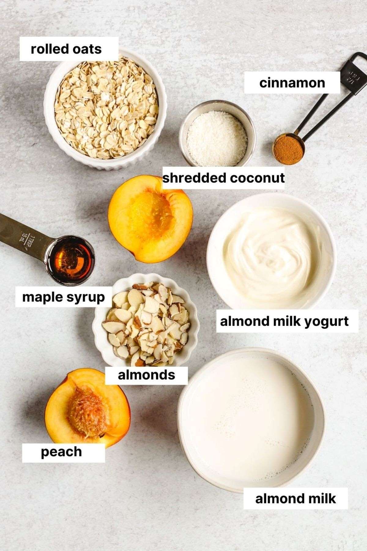 Labeled ingredients for peaches and cream overnight oats.