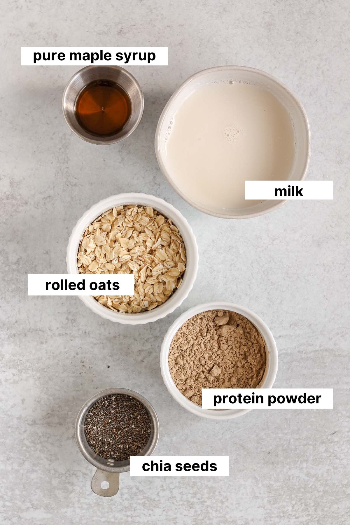 Labeled ingredients for protein powder overnight oats.