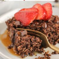 Chocolate baked oatmeal piece with text overlay "delicious chocolate baked oatmeal."