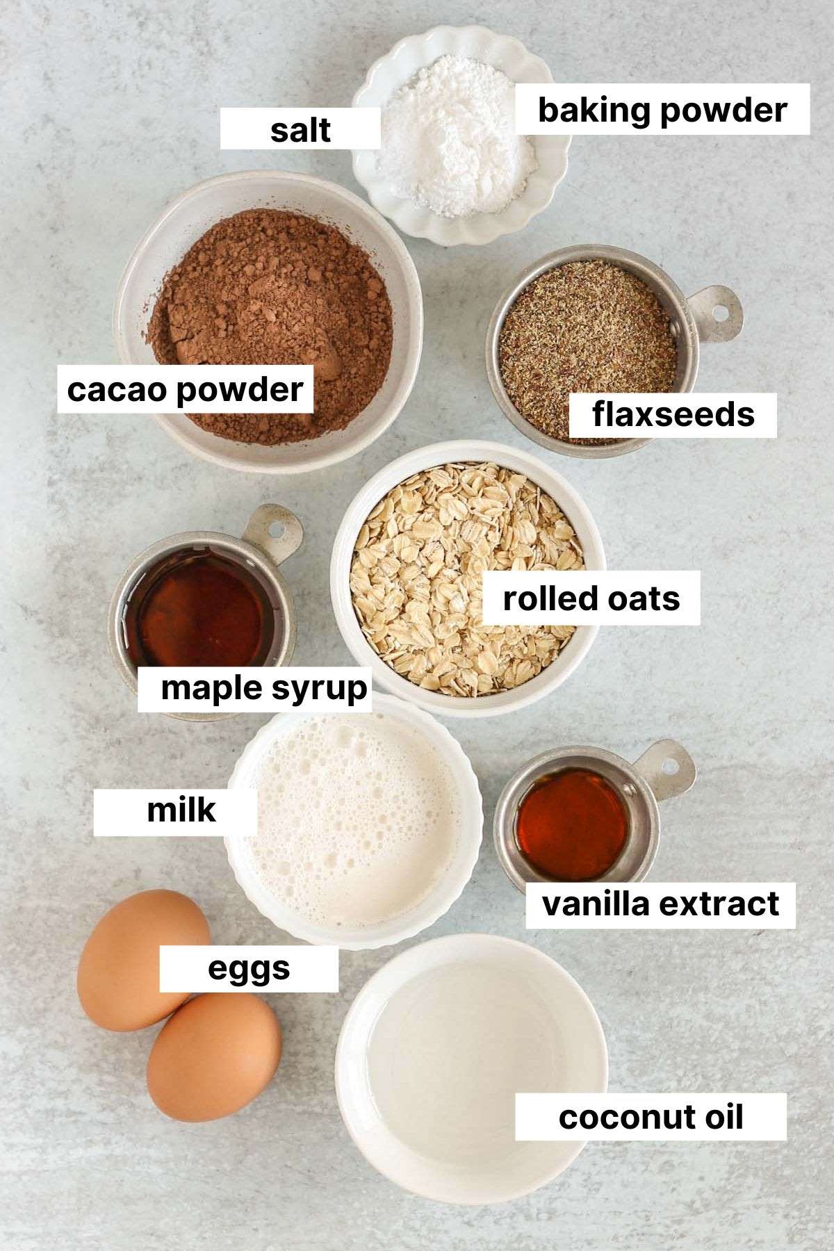 Labeled ingredients for chocolate baked oatmeal.