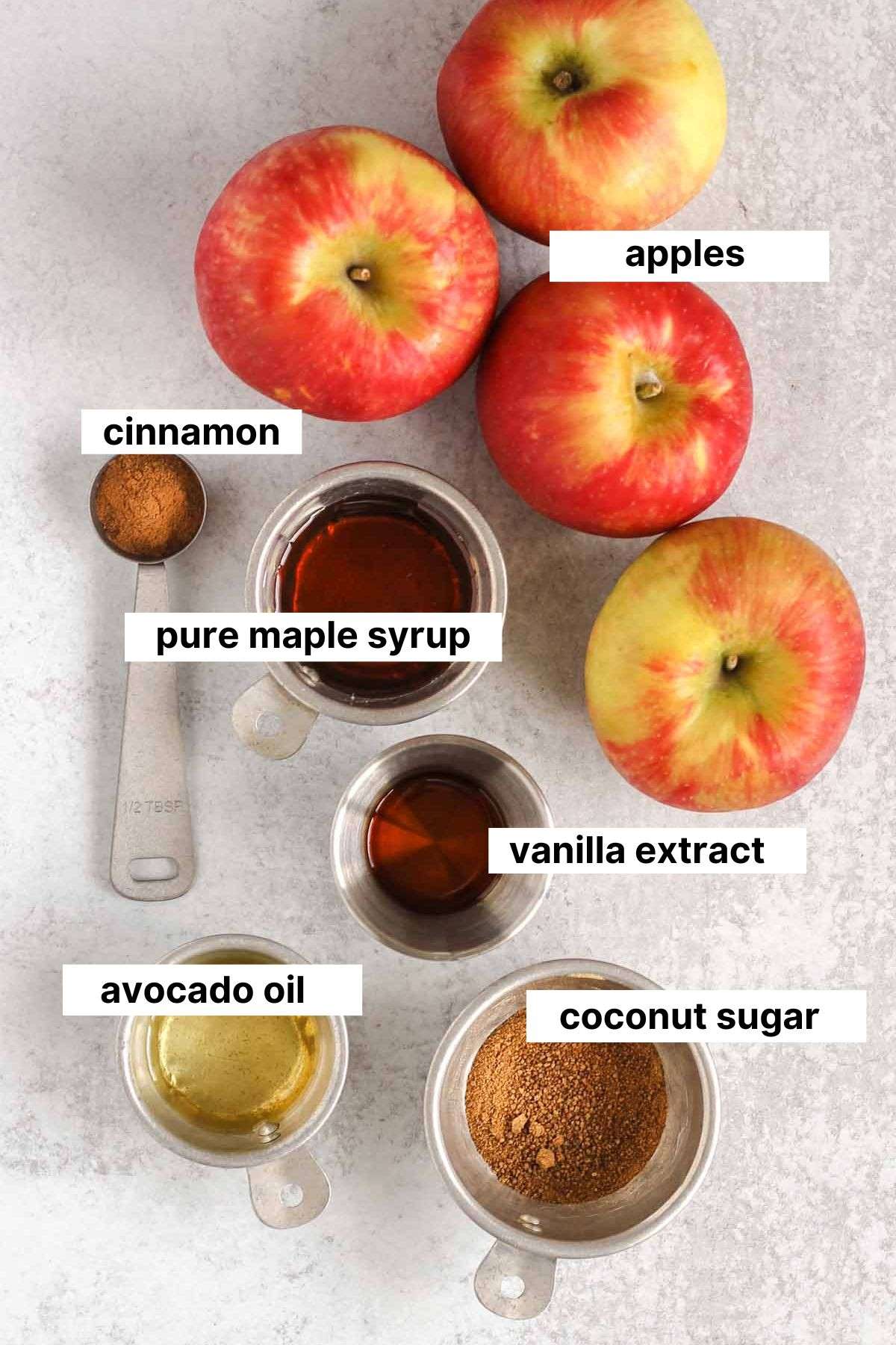 Labeled ingredients for air fryer apples.
