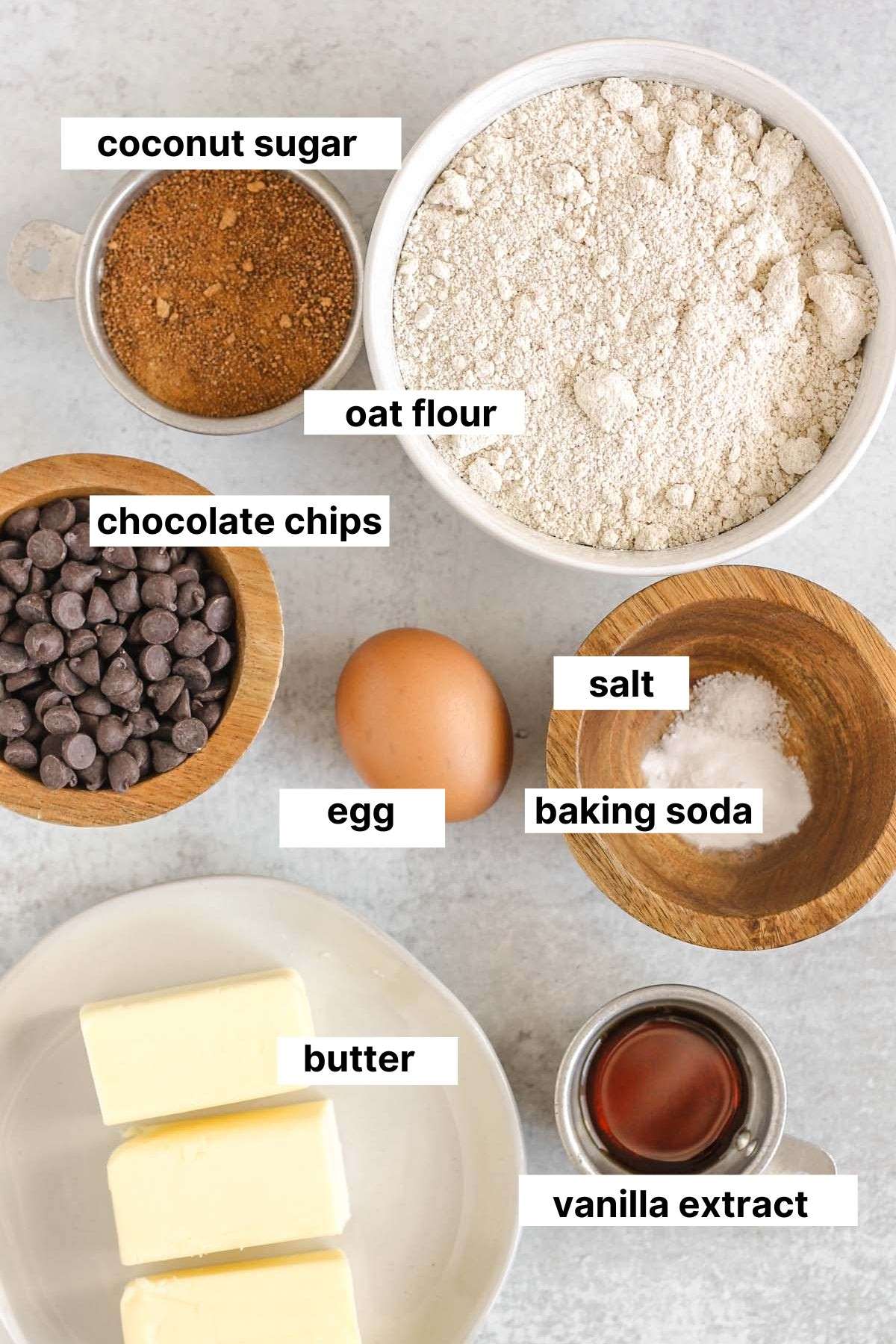 Labeled ingredients for oat flour cookies.