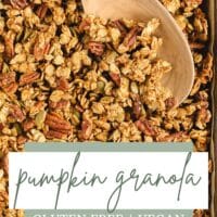 Pumpkin granola on a baking sheet with text overlay "pumpkin granola. gluten free. vegan."