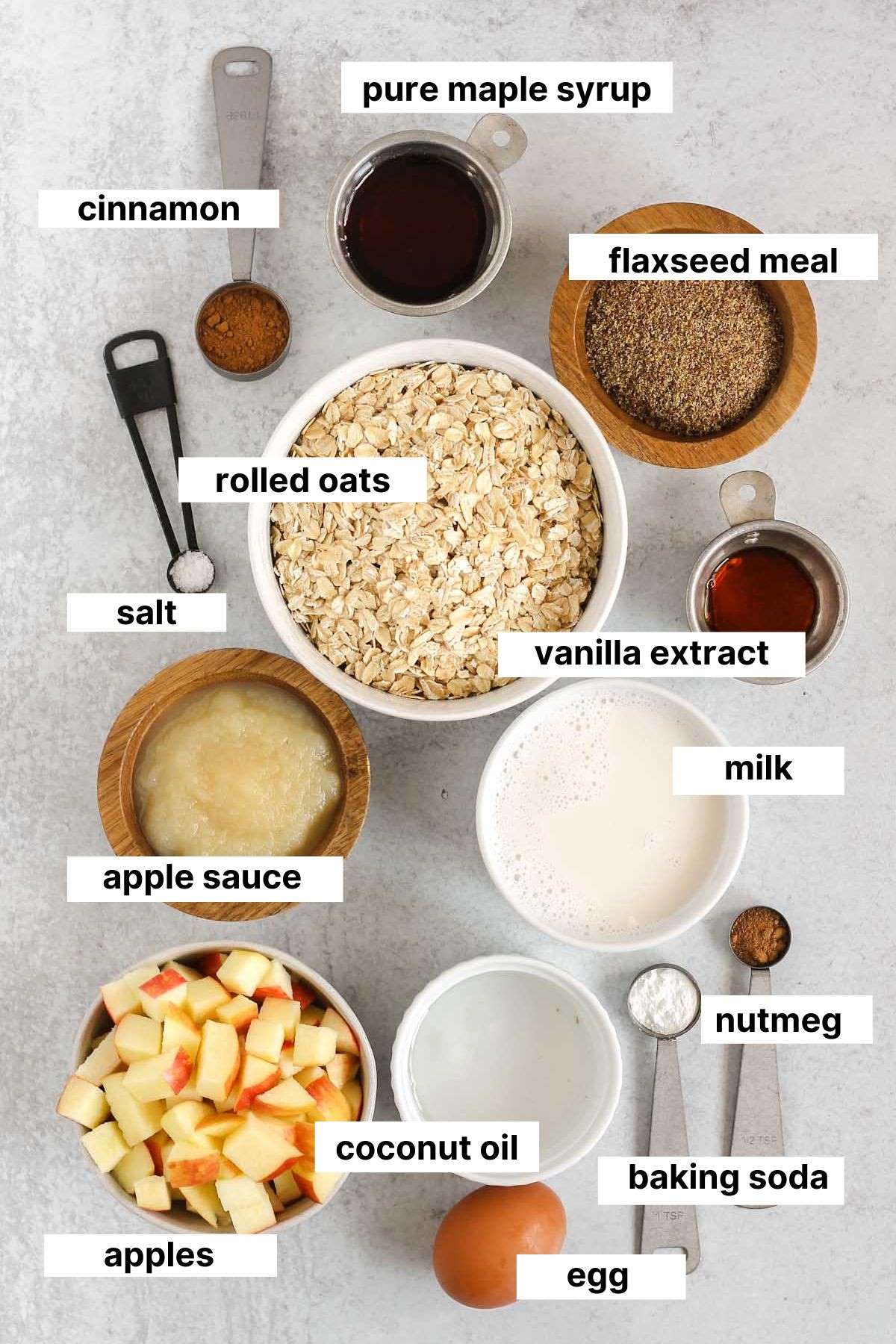 Labeled ingredients for apple cinnamon baked oatmeal.
