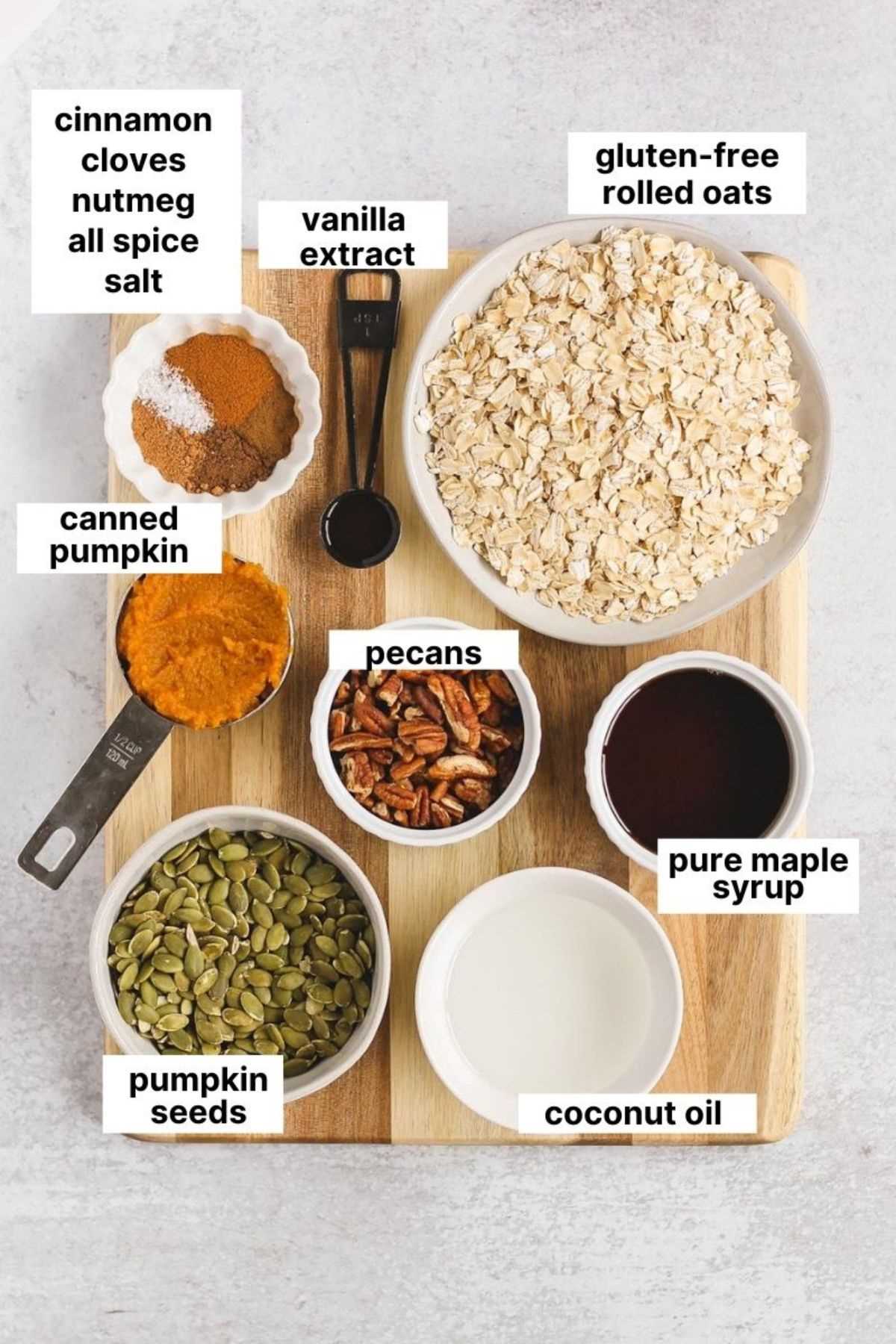 Labeled ingredients for pumpkin granola.