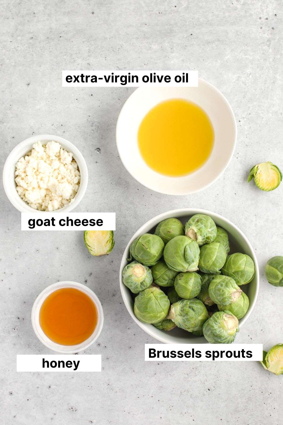 Labeled ingredients for Brussels sprouts with goat cheese and honey.