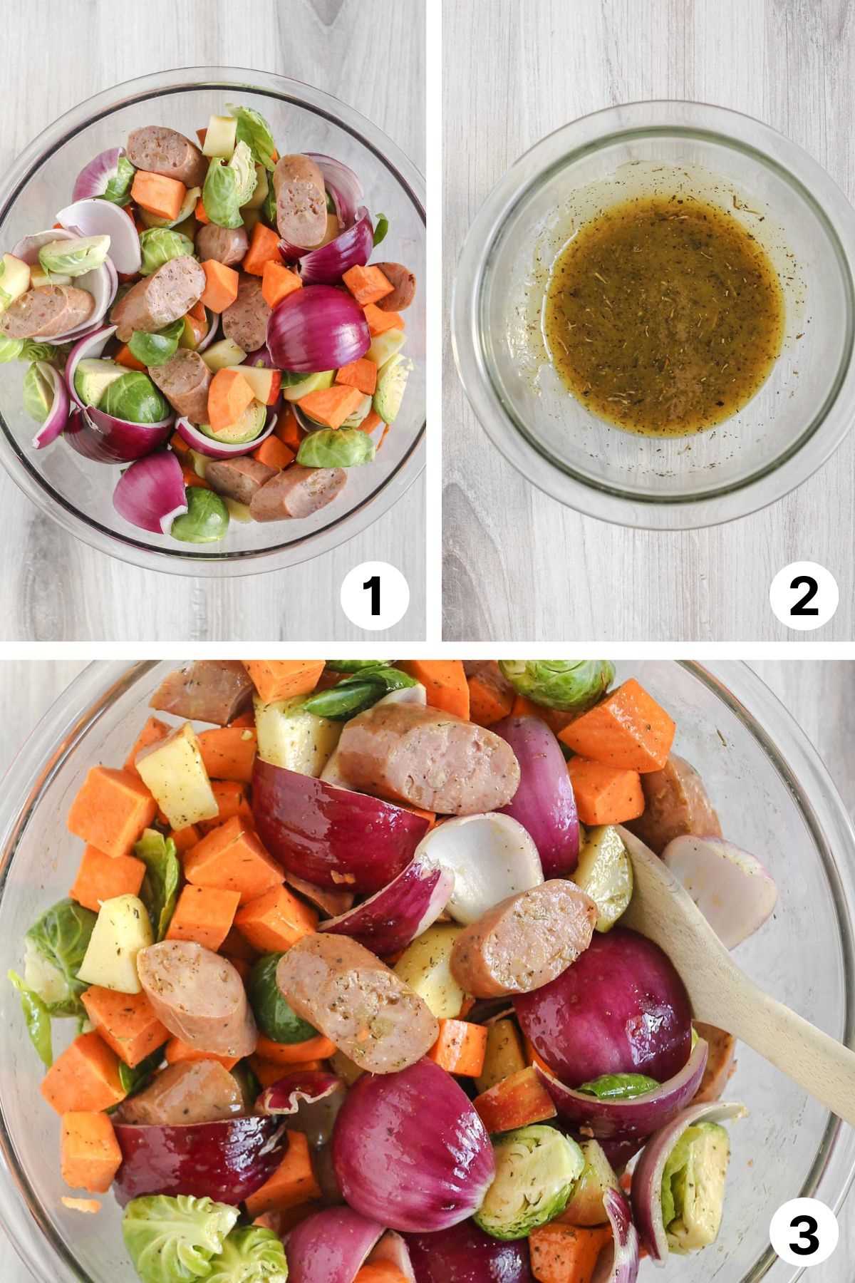 Three quadrants showing chopped veggies /sausage, marinade, and veggies/sausage mixed with marinade.