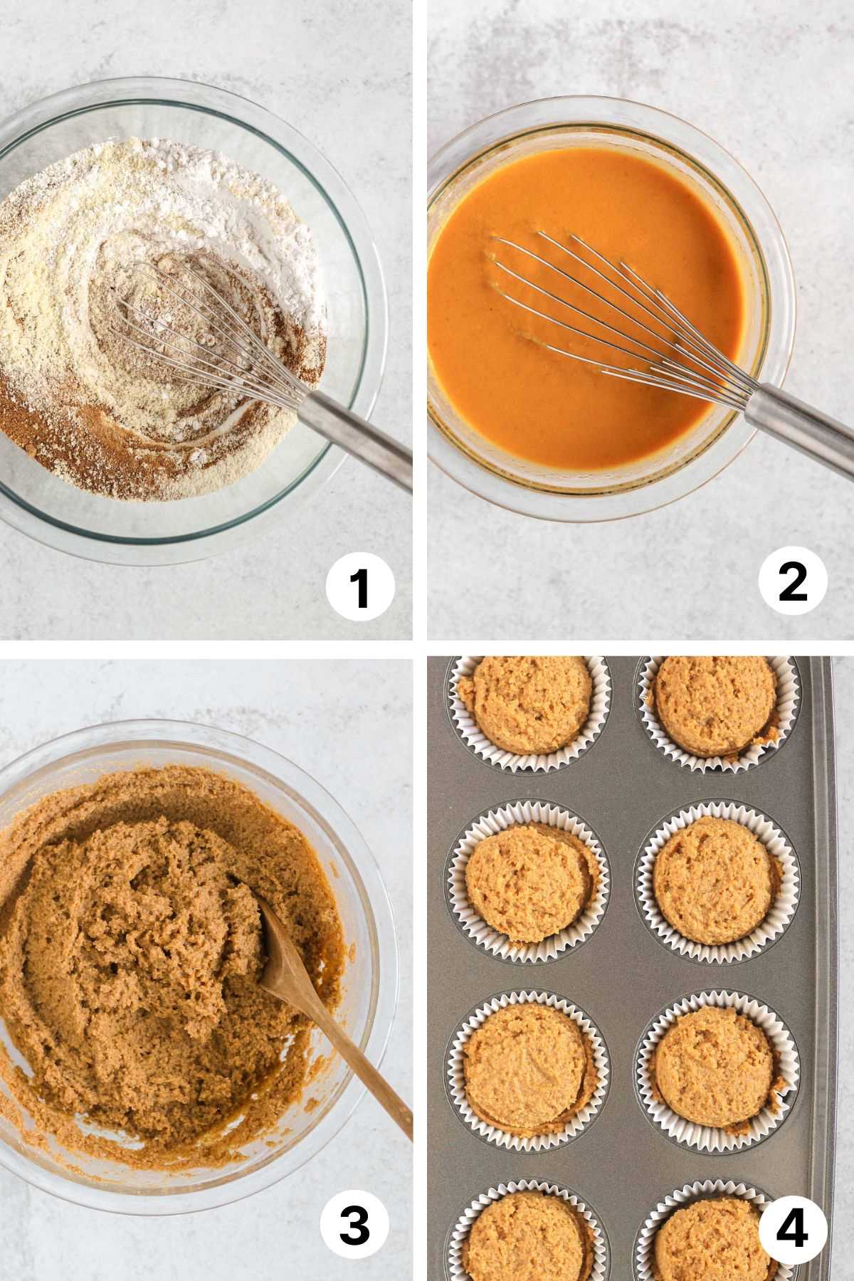 Four quadrants showing the process of making pumpkin muffin batter and scooping into muffin pan.