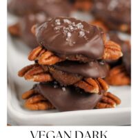 Chocolate turtles stacked 3 high with text overlay "vegan dark chocolate turtles."